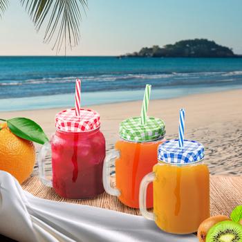 Preview: Bicchieri retrò con coperchi, manici e cannucce colorate: un set di 12 bicchieri per limonata, tè freddo, cocktail e frullati - stile vintage