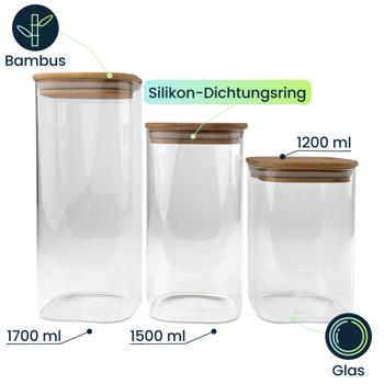 Preview: Vorratsgläser-Set mit Deckel aus Bambus, 6tlg, 3 Grössen: Eine elegante Aufbewahrung für Küche – Aromasicher & Platzsparend frischhalten!