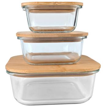 Preview: Boîtes de conservation avec couvercle (lot de 6) en verre et bambou – récipients avec joint hermétique, 3 tailles