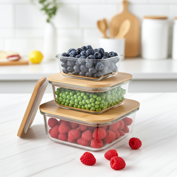 Preview: 2er-Set Hochwertige Vorratsdosen mit Deckel, quadratisch, Glas/Bambus, 3 Grössen: Vorratsgläser für Aromaschutz & eine stilvolle Ordnung