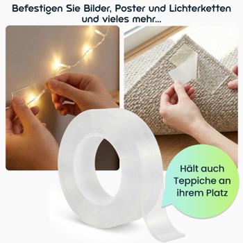 Preview: 2er-Set Doppelseitiges Nano-Klebeband Transparent (5m x 30mm): Starke 110g/cm² Haltekraft, Wiederverwendbar, spurlos ablösbar