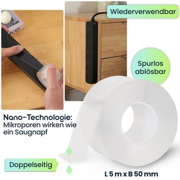 Preview: 2er-Set Doppelseitiges Nano-Klebeband Transparent (5m x 50mm): Starke 110g/cm² Haltekraft, Wiederverwendbar, spurlos ablösbar