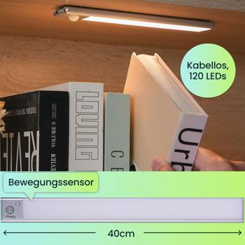 Preview: 2er-Set Flache Akku LED-Lichtleiste, 40cm mit Bewegungssensor, 120 LEDs: Kabellos, hell & energiesparend – Perfekt für Schrank, Flur & Küche
