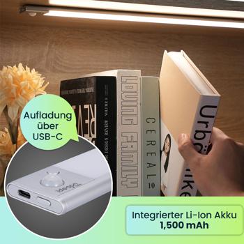 Preview: 4er-Set Flache Akku LED-Lichtleiste, 40cm mit Bewegungssensor, 120 LEDs: Kabellos, hell & energiesparend – Perfekt für Schrank, Flur & Küche