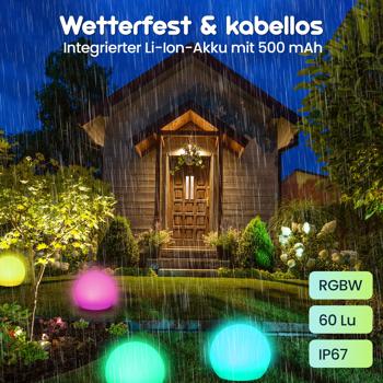 Preview: 2er-Set Solar-LED-Leuchtkugel, Ø 30cm, RGBW mit Fernbedienung, 60 Lu, IP67. Farbwechsel-Lichtkugel für Garten & Terrasse, wetterfest & kabellos