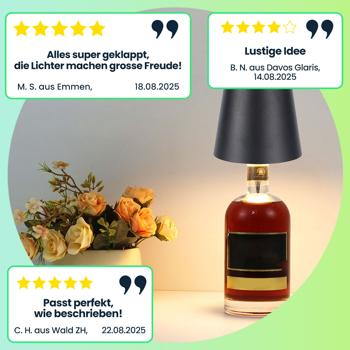 Preview: 4er-Set Edle Akku Flaschenlampe Schwarz: Dimmbar, 3 Lichtfarben: Verwandelt Flaschen in stimmungsvolle Leuchten