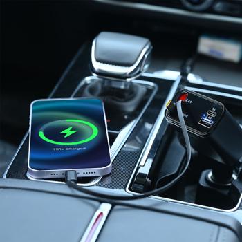 Preview: Chargeur auto 4 en 1, 69 W – chargeur allume-cigare avec câbles USB-C et Lightning rétractables – Power Delivery 3.0, 2 ports