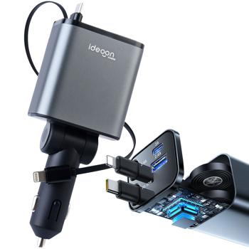 Chargeur auto 4 en 1, 69 W – chargeur allume-cigare avec câbles USB-C et Lightning rétractables – Power Delivery 3.0, 2 ports