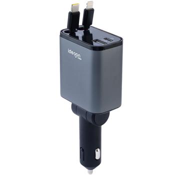 Preview: Chargeur auto 4 en 1, 69 W – chargeur allume-cigare avec câbles USB-C et Lightning rétractables – Power Delivery 3.0, 2 ports