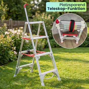 Preview: Robuste 4-stufige Teleskop-Doppeltrittleiter: Eine stabile Stehleiter klappbar für Profis & Heimwerker, Haushaltsleiter bis 4 Stufen