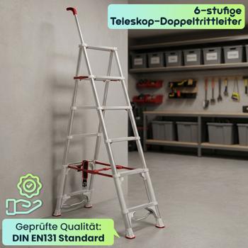 Preview: Robuste 6-stufige Teleskop-Doppeltrittleiter: Eine stabile Stehleiter klappbar für Profis & Heimwerker, Haushaltsleiter bis 6 Stufen