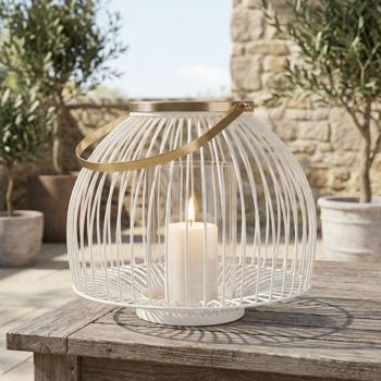 Preview: Grosses Windlicht aus Metall in Weiss-Gold 28 x 23cm- Elegante Laterne für eine stimmungsvolle & motivierende Atmosphäre im Garten, Balkon & Terrasse