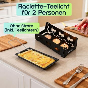 Preview: Faltbares Raclette-Teelicht für 1 -2 Personen, Raclette Set ohne Strom inkl. Teelichtern und Schaber, Metall mit originell ausgestanzten Kühen, antihaftbeschichtet