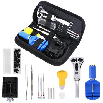 Preview: Set completo di riparazione per orologi da 13 pezzi - Valigetta di attrezzi professionale per orologiai per accorciare il cinturino, sostituzione della batteria & altro