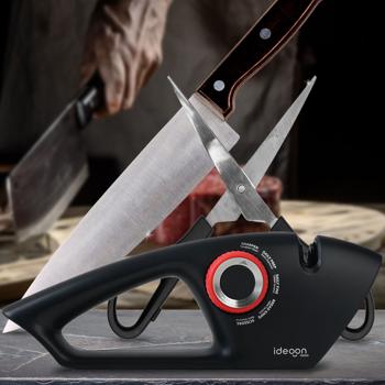 Messerschärfer 5-in-1 für glatte & gezahnte Klingen - Scherenschärfer mit Einstellrad, Multischärfer zum schleifen von Messern und Scheren