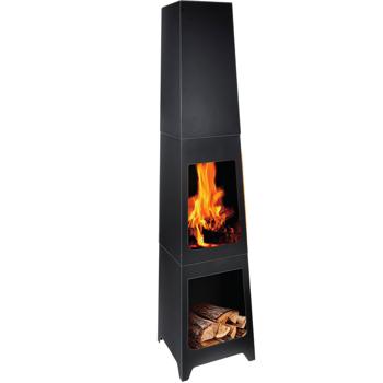 Preview: Cheminée de jardin noire - Poêle de terrasse moderne robuste et chaleureux - Chaleur agréable pour soirées extérieures - Compartiment bois 35x35x150 cm