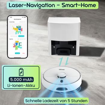 Preview: Ultimativer Saug-Wisch-Roboter 6000 Pa mit 2-in-1 Wischfunktion, Li-Ionen-Akku, Laser-Navigation - Smart-Home WLAN Saugwischer 