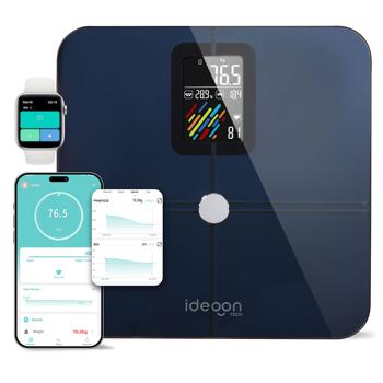 Pèse-personne avec impédancemètre, en verre (max. 180 kg) – analyse corporelle exacte: graisse, IMC, fréquence cardiaque, type corporel – pour application Fitdays