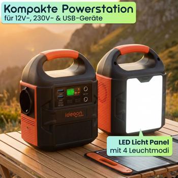 Preview: Kompakte Powerstation 88,8Wh Solargenerator mit 230V Steckdose, 100W, USB-C PD65W, 12V DC, LED-Display & 500lm Leuchte für Camping & Notstrom