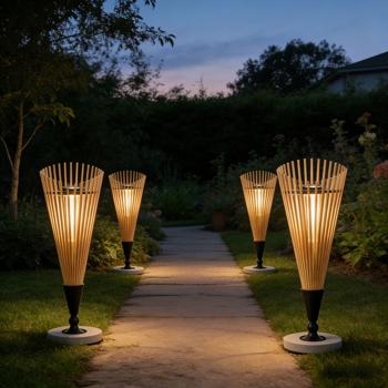 Preview: Lot de 4 lanternes solaires décoratives de 60 cm en bambou : lampe solaire de jardin moderne à lumière d’ambiance, résistante aux intempéries IP44