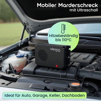 Preview: Mobiler Marderschreck Auto Ultraschall – Batteriebetrieben & Hitzebeständig (110°C) – Marderabwehr für Motorraum, Garage & Dachboden – Schutz bis 40m²
