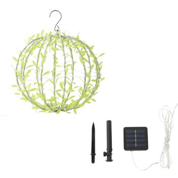 Preview: Solar Leuchtkugel im Blätterdesign - Ø20cm Gartenkugel mit 72 warmweissen LEDs - IP44 Aussenleuchte inkl. Erdspiess, S-Haken und Solarpanel