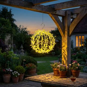 Solar Leuchtkugel im Blätterdesign - Ø20cm Gartenkugel mit 72 warmweissen LEDs - IP44 Aussenleuchte inkl. Erdspiess, S-Haken und Solarpanel