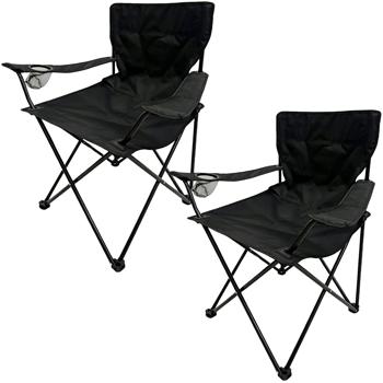 Preview: 2er-Set Camping Faltstuhl Schwarz klappbar: Mit Armlehne & Getränkehalter – Kompakt, robust & bequem – Ihr perfekter Begleiter für Outdoor