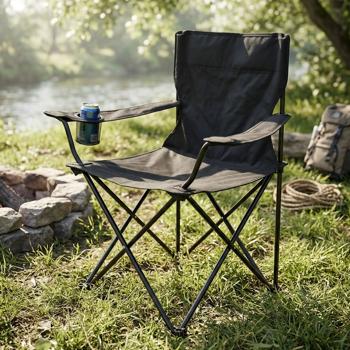 Preview: 2er-Set Camping Faltstuhl Schwarz klappbar: Mit Armlehne & Getränkehalter – Kompakt, robust & bequem – Ihr perfekter Begleiter für Outdoor