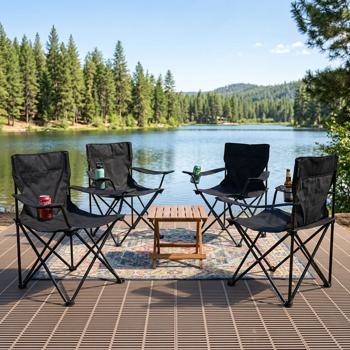 Set di 4 sedie pieghevoli per campeggio nero: con bracciolo e portabevande – Compatte, robuste e comode – Il tuo compagno perfetto per l‘outdoor