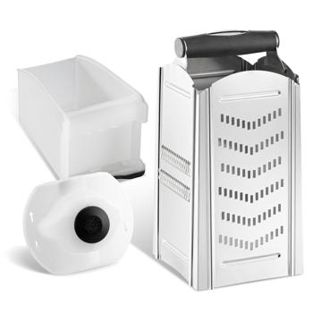 Profi Vierkantreibe mit Auffangbehälter und Fruchthalter: Schnelle Käse- & Gemüsereibe für perfekte Rösti & Salate