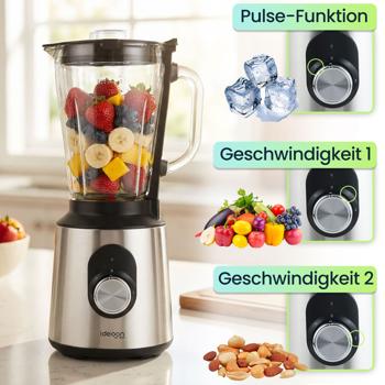 Preview: Edelstahl Power Standmixer mit 1,5 l Glasbehälter, Küchenmixer, 1.000 W für Shakes, Smoothies, Saucen oder Zerkleinerung von Obst und Gemüse