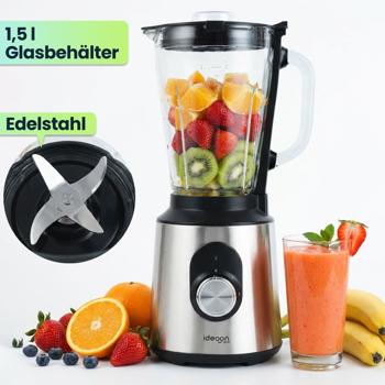 Preview: Edelstahl Power Standmixer mit 1,5 l Glasbehälter, Küchenmixer, 1.000 W für Shakes, Smoothies, Saucen oder Zerkleinerung von Obst und Gemüse
