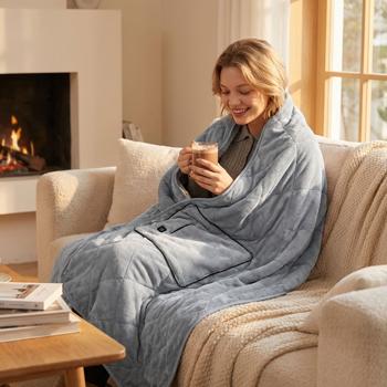 Heizdecke 135x180 cm aus Polarfleece mit Druckknöpfen, elektrische Wärmedecke mit 3 Stufen, auch als Heizkissen nutzbar, kuschelweiche Kuscheldecke