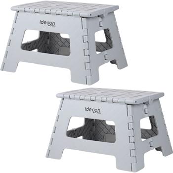Preview: Set da 2 robusti sgabelli a gradino pieghevoli, portata fino a 150 kg – Sgabello a gradino pieghevole, piatto e salvaspazio per cucina, bagno, camper e altro