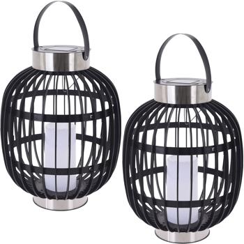 set di 2 eleganti lanterne solari da giardino in look rattan: anelli in acciaio inox, candela LED, 35x45cm, nero - Illuminazione decorativa per esterni