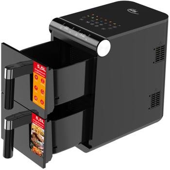 Preview: XXL Doppel Heissluftfritteuse 11L, schwarz, mit Sync-Funktion – Profi Air Fryer für koordiniertes Kochen ohne Öl & Fett, 1700W