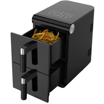 Preview: XXL Doppel Heissluftfritteuse 11L, schwarz, mit Sync-Funktion – Profi Air Fryer für koordiniertes Kochen ohne Öl & Fett, 1700W