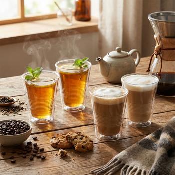 4er-Set edle Doppelwandgläser mit Riffelung – 330 ml – Thermo-Funktion für besten Genuss von Kaffee & Tee