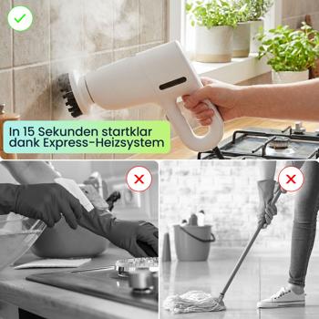 Preview: Profi 3in1 Dampfreiniger & Boden-Dampfbesen: 1200W Handgerät gegen Bakterien ohne Chemie für Boden, Bad, Möbel - in 15s startklar