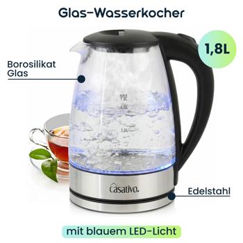 Preview: Edler Glas-Wasserkocher 1,8L mit blauem LED-Licht, Edelstahl, 2200W - Teekocher mit Abschaltautomatik & Trockenbetriebsschutz