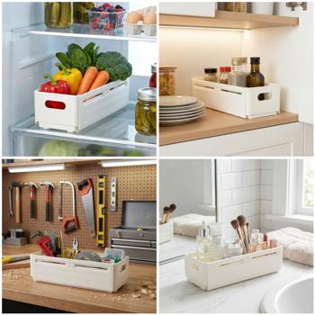 Preview: Set da 12 organizer per armadietto da cucina estensibili (28–48 cm) – Inserto per ripiano regolabile per ordine in armadio e frigorifero – Pieghevole, bianco