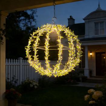 Preview: Solar Leuchtkugel im Blätterdesign - Ø40cm Gartenkugel mit 144 warmweissen LEDs - IP44 Aussenleuchte inkl. Erdspiess, S-Haken und Solarpanel