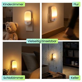 Preview: 2er-Set LED Nachtlicht Stecker mit Bewegungsmelder & Dämmerungssensor, Steckdosen-Orientierungslicht, 11 Lm Warmweiss, für Flur, Treppe & Kinderzimmer