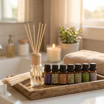 Profumazione per ambienti con 8 oli profumati e 48 bastoncini in rattan – set diffusore con le fragranze brezza marina, sandalo, lavanda e menta