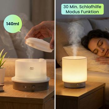 Preview: Aroma Diffuser 140ml mit LED Beleuchtung dimmbar – Elektrische Duftlampe 12W – Lufterfrischer mit Timer & 30 Min. Schlafhilfe-Modus Funktion