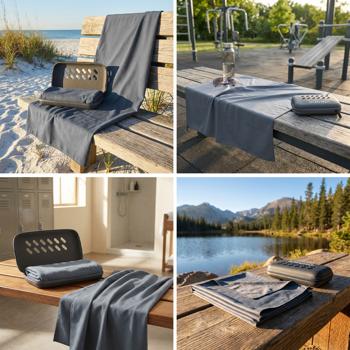 Preview: Linge de bain en microfibre 200 x 100 cm anthracite – grande serviette de sport, séchage rapide, poids plume – boîte de rangement incluse