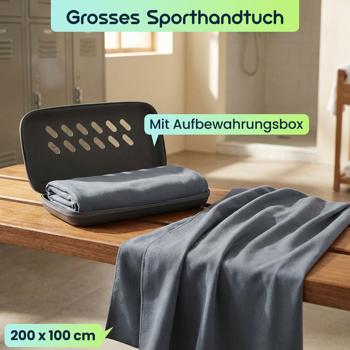 Preview: Microfaser Handtuch 200x100 cm in Anthrazit, grosses Sporthandtuch schnelltrocknend & ultraleicht, Reisehandtuch inklusive Aufbewahrungsbox