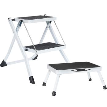 Escabeau de cuisine 2 marches et marchepied – pliants, capacité 150 kg, surface antidérapante – duo gain de place en acier