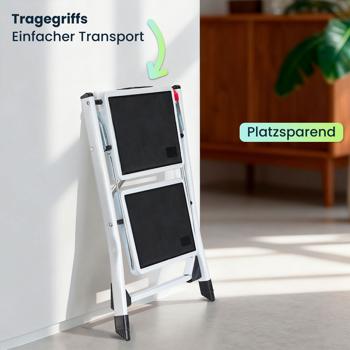 Preview: Küchenleiter 2 Stufen & Tritthocker Set – Klappbar, 150 kg belastbar, rutschfeste Trittflächen, platzsparendes Steighilfen-Duo aus stabilem Stahl